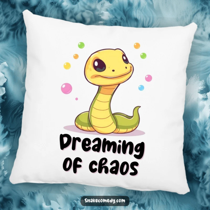 Funny snake with a mischievous flicker, juggling colorful, glowing orbs on a pillow, providing comfort and a touch of enchanting visual appeal.