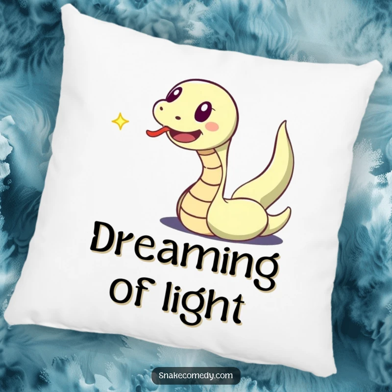 Funny throw pillow depicting an excited snake character, tongue flicking, joyfully chasing a dancing speck of light.