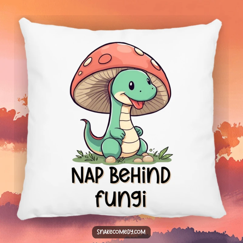 Funny Snake Mushroom Pillow: A sneaky snake humorously peeks from behind a large mushroom, adding a whimsical touch.