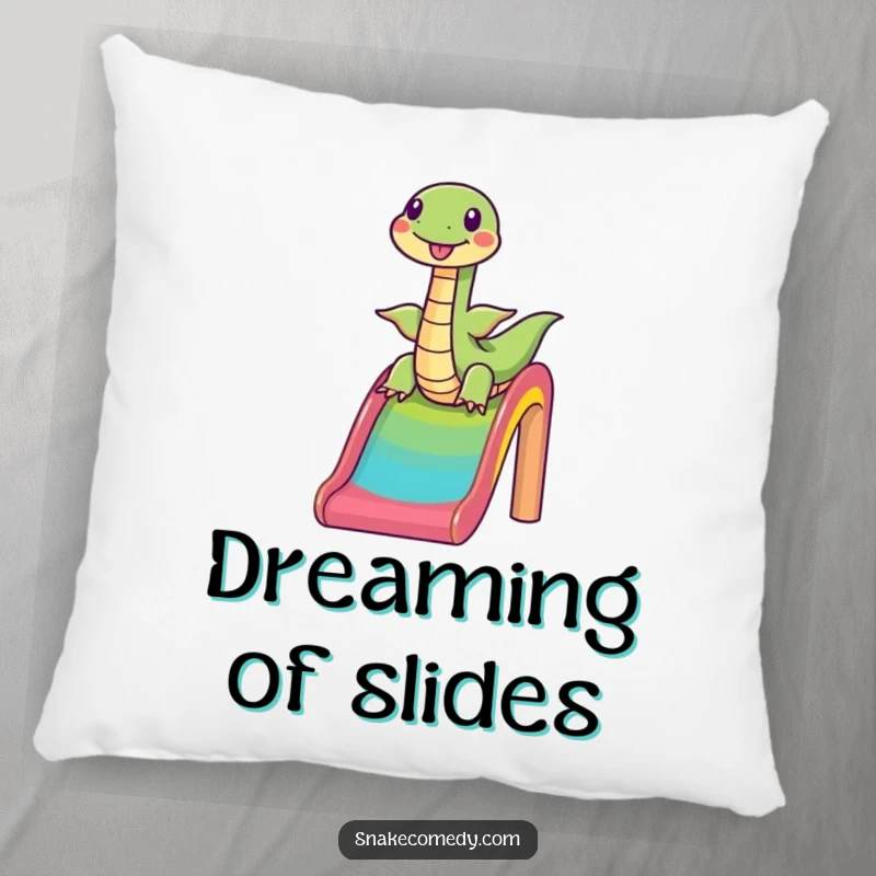 Funny snake sliding down a rainbow, happy cartoon character, soft and comfortable pillow, ideal funny gift for relaxation.