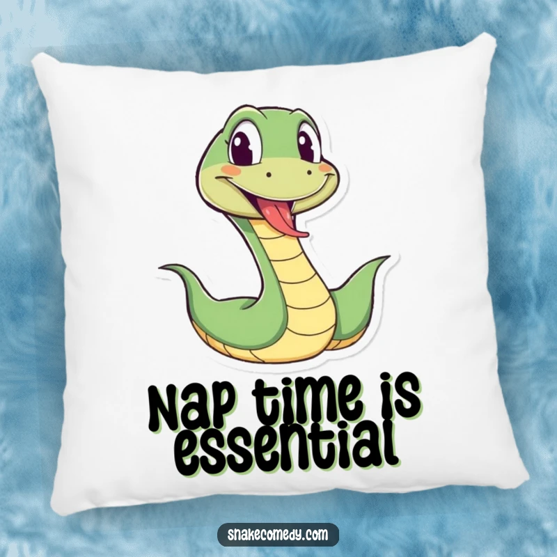 Funny snake pillow with a cartoon snake wiggling energetically, tongue sticking out playfully, offering soft, humorous comfort and decor.