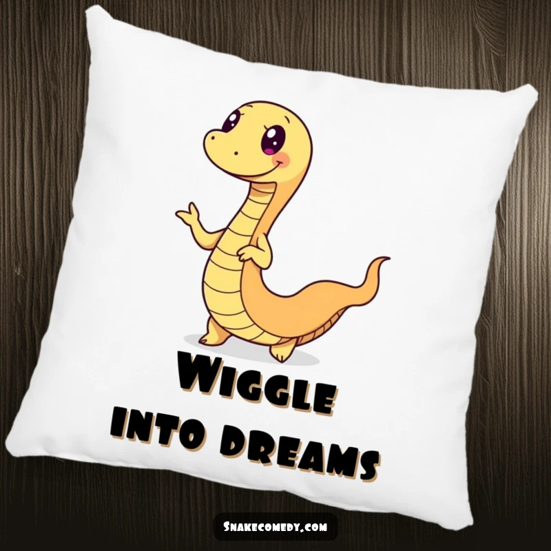 Funny snake pillow featuring a happy serpent doing a fun wiggle dance, its body in motion, offering a soft and amusing accent.