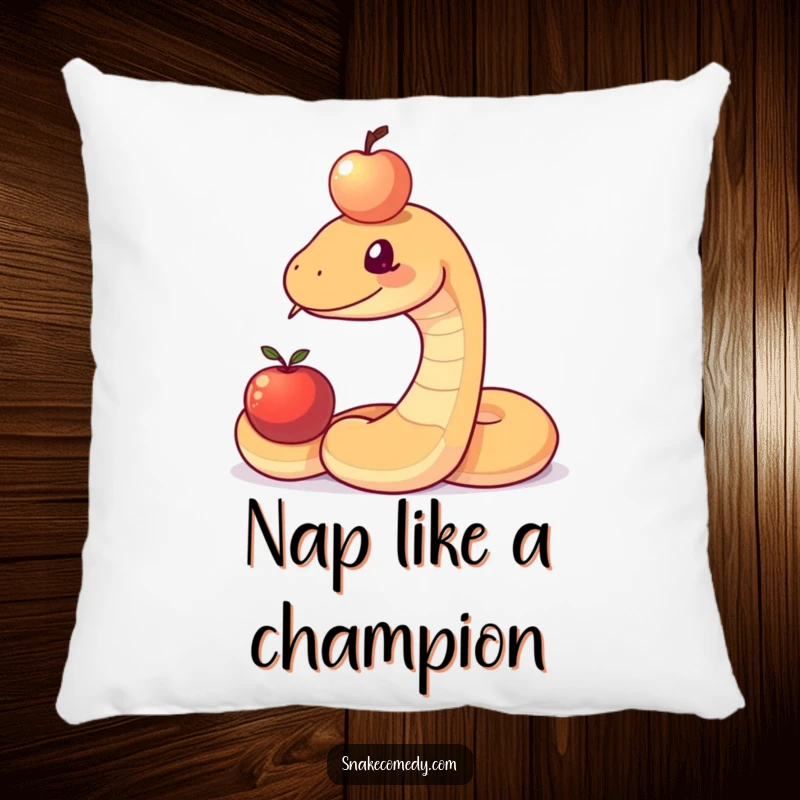 Funny decorative pillow showcasing a snake’s comical effort to balance an apple on its head, perfect for a cozy, humorous touch.