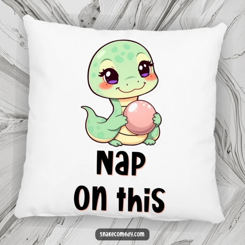 Funny throw pillow with a mischievous winking snake character offering a shiny pebble, providing comfortable and humorous decor.