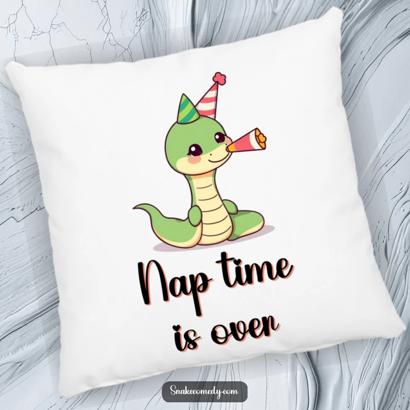 Funny snake wearing a party hat, blowing a cheerful party horn on a pillow, offering comfort and a humorous touch to relaxation.