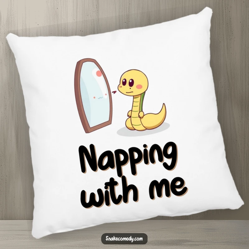 Funny snake chasing reflection, delighted sigh, soft cartoon pillow, ideal funny gift for cozy spaces.