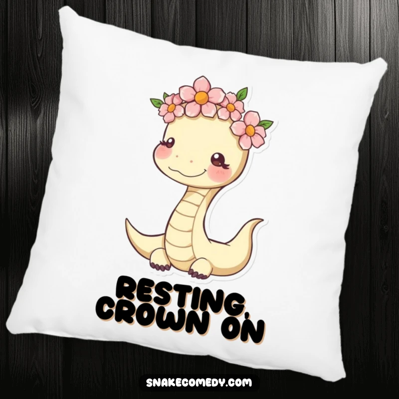 Funny Serene Snake Pillow design: serpent with a flower crown, embodying peacefulness and cheerfulness.