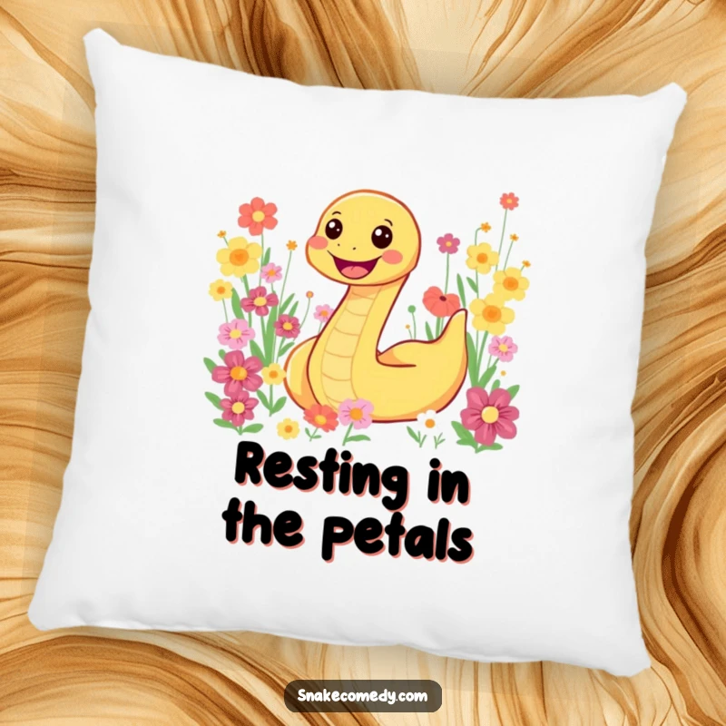 Funny snake character joyfully slithering through a colorful flower field on a plush pillow, bringing cozy charm and color.