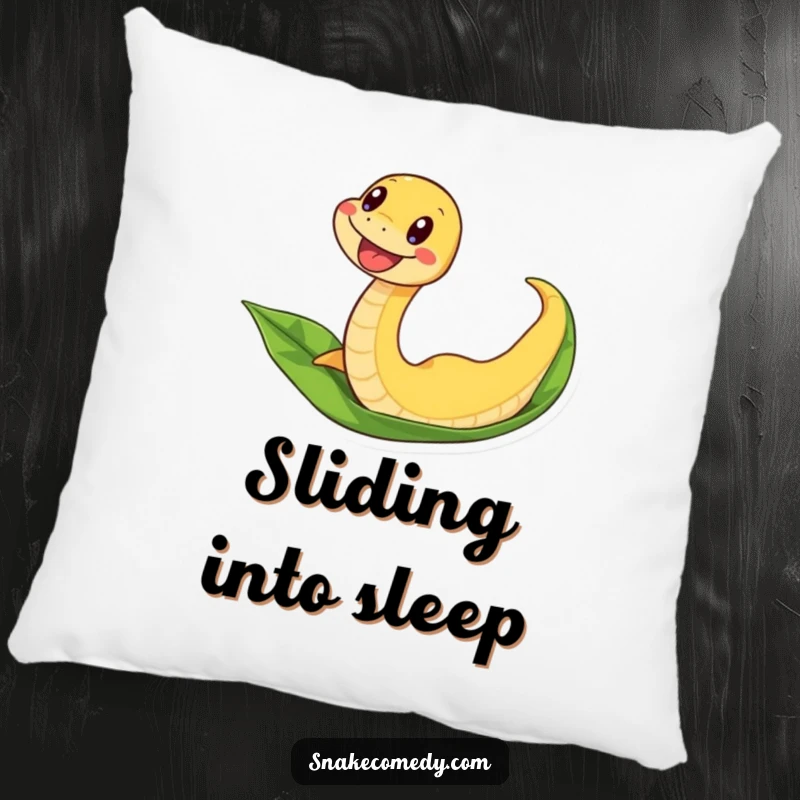 Funny snake pillow with an excited wiggle, sliding down a leaf, a humorous and comfortable decorative accent.