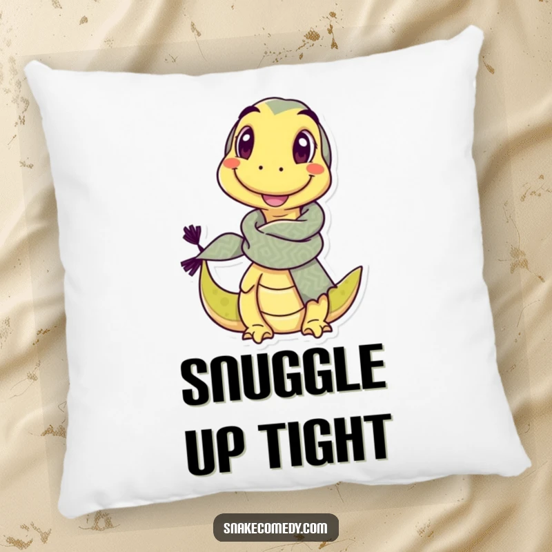 Funny pillow showcasing a delighted snake character wearing a comically large, patterned scarf and a friendly wink.
