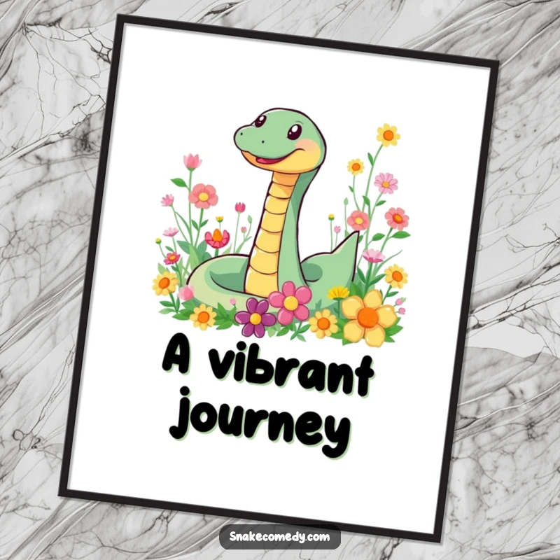 Funny Snake Flower Digital Art Print: Humorous art of a happy snake slithering through colorful flowers for instant decor.