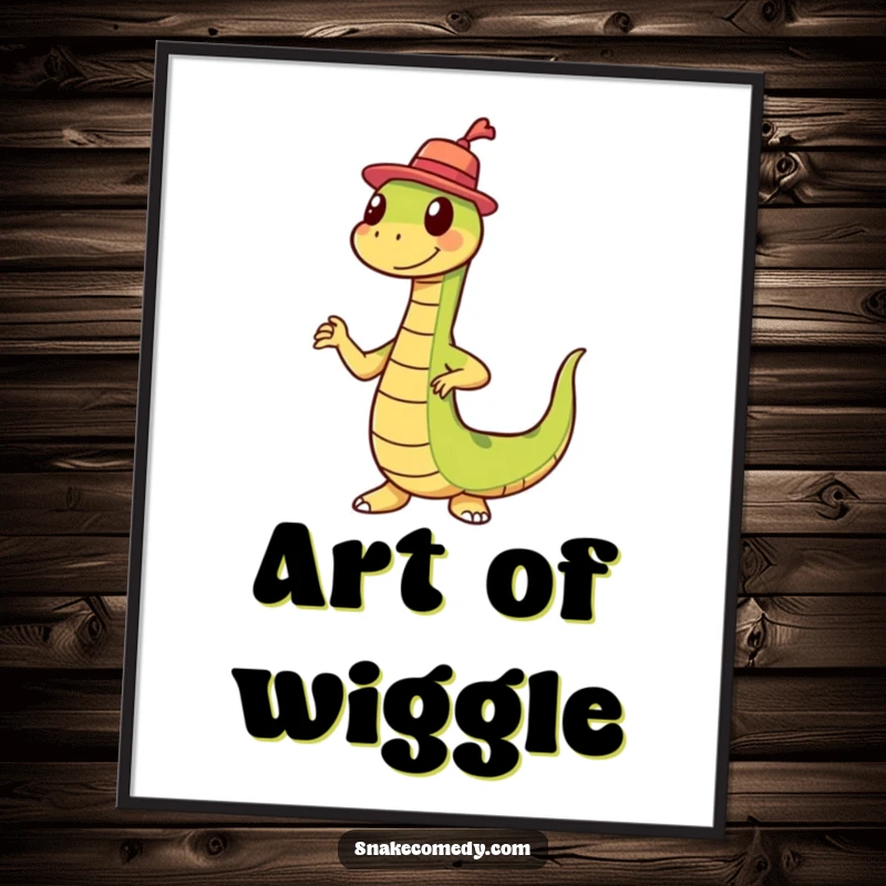 Funny snake with a tiny hat doing a hilarious wiggle dance, presented as a vibrant digital art print.