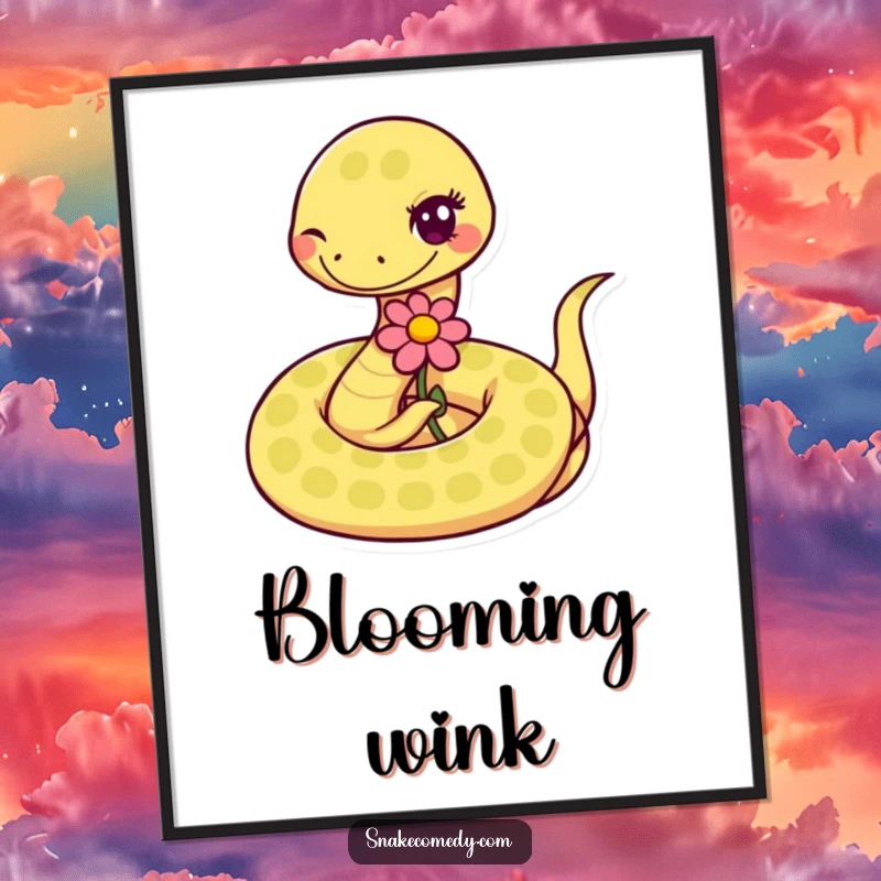 Funny coiled snake winking and offering a flower, rendered as digital art for humorous and instant wall decor.