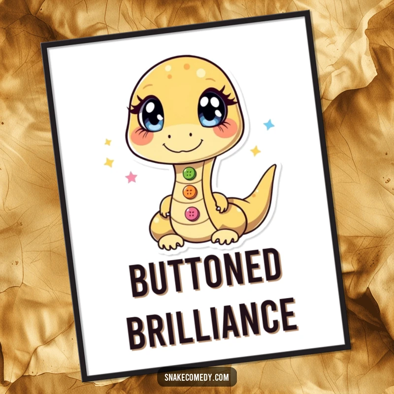 Funny digital art print of a snake with sparkling eyes, skillfully juggling three shiny buttons with dazzling effect.