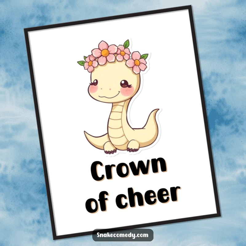 Funny Serene Snake Digital Art Print: serpent with a flower crown, embodying peaceful cheerfulness.
