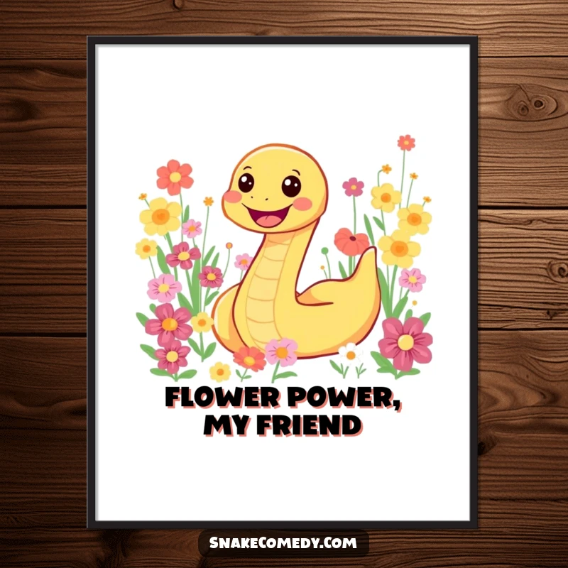 Funny snake character joyfully slithering through a colorful flower field, available as a digital art print for vibrant decor.