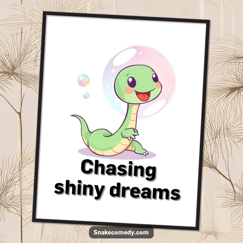 Funny digital art print of a small, happy snake playfully chasing a beautiful iridescent soap bubble, symbolizing innocent joy.