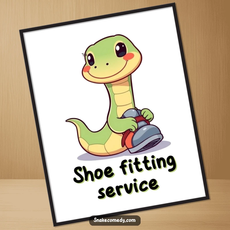 Funny digital art print of a snake with a wide, happy smile playfully trying on a shoe, capturing a moment of pure fun.