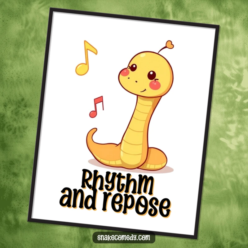 Funny digital art print of a snake playfully bopping a floating musical note, capturing the joy of music and movement.