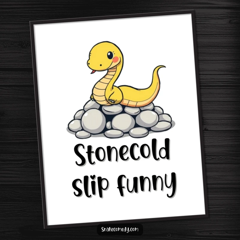 Funny snake digital art print of a cartoon snake comically slipping on smooth round stones, offering immediate humor.