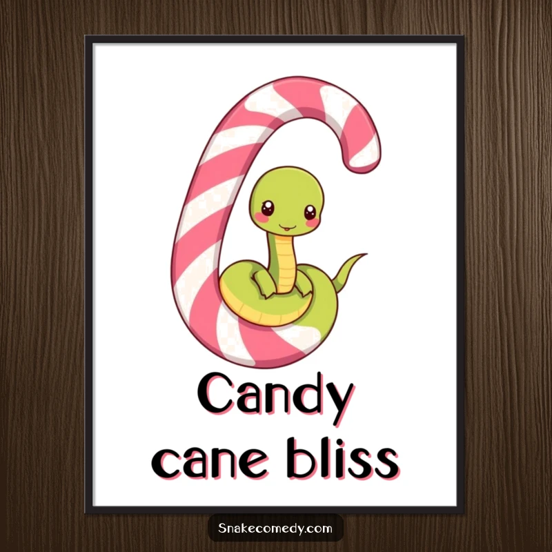 Funny digital art print of a happy snake character unwinding from a large, striped candy cane, offering instant whimsical decor.