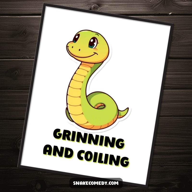 Funny snake artwork depicting playful coiling with a big grin, printable for instant wall decor, offering a humorous and cheerful artistic touch.