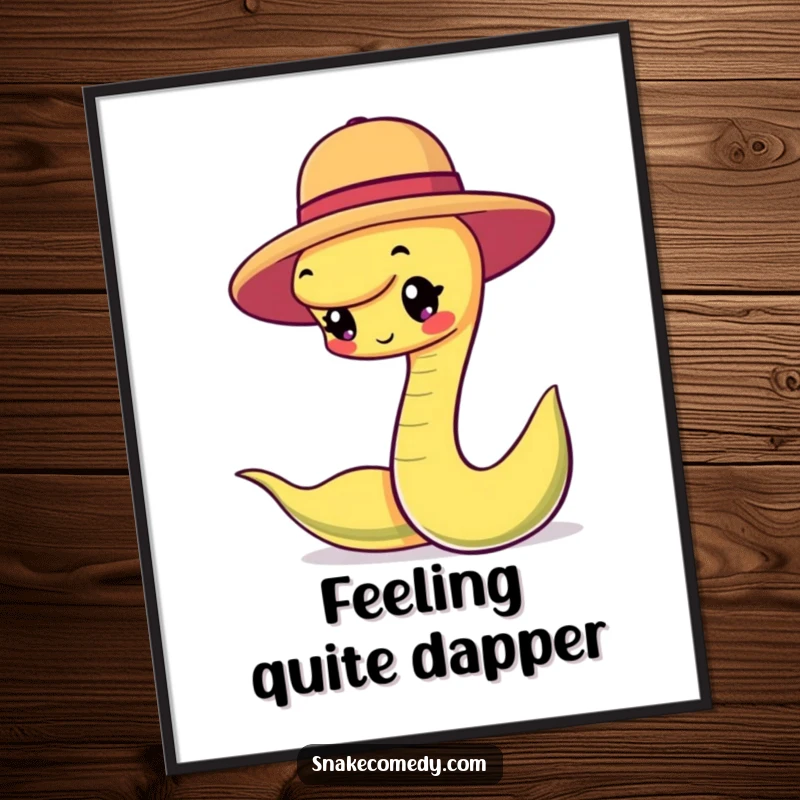 Funny snake character happily balancing a small round hat, available as a digital art print for chic and whimsical decor.