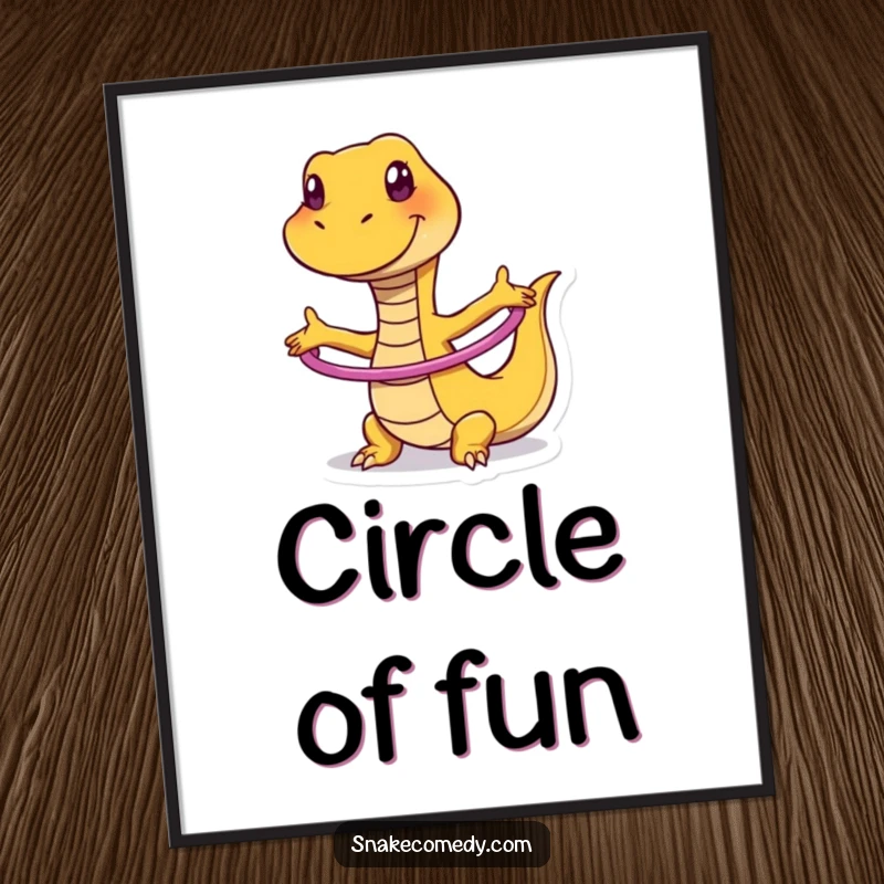 Funny digital art print of a snake with a wide, silly grin, masterfully performing a hula hoop dance.