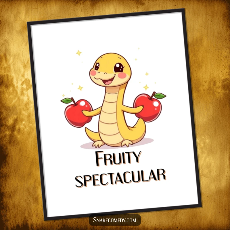 Funny snake juggling three sparkly apples, gleeful wiggle, cartoon digital art, perfect humorous printable gift.