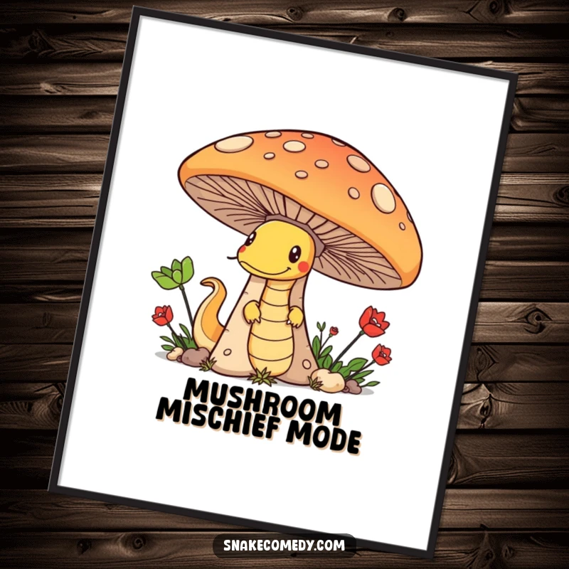 Funny digital art print of a sly snake peeking from behind a huge mushroom, capturing a moment of mischievous glee.