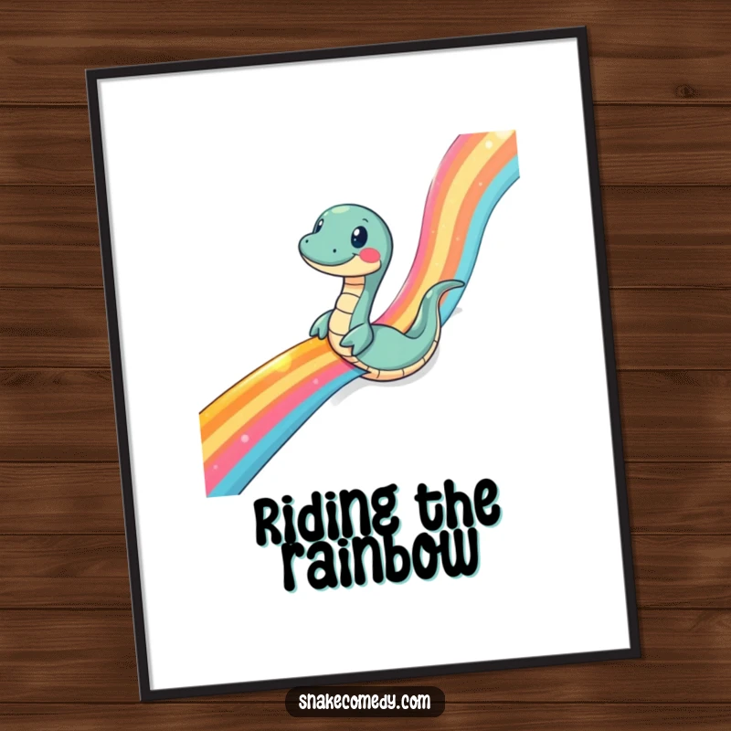 Funny snake digital art print, a snake comically sliding down a rainbow ribbon, vibrant illustration, instant wall decor.