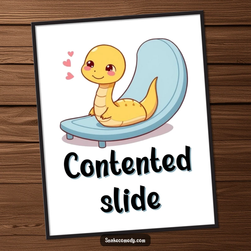 Funny digital art print of a coiled snake character sighing contentedly after a smooth slide down a ramp, offering instant calm humor.