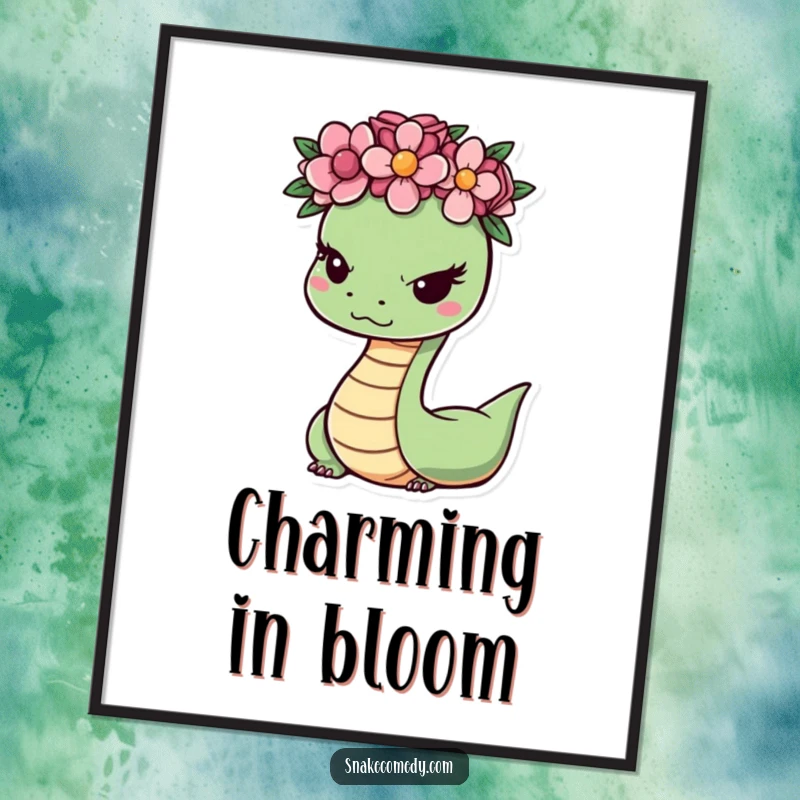 Funny snake artwork with a flower crown and a sly wink, printable for instant wall decor, offering a humorous and charming artistic touch.