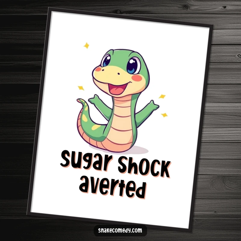 Funny digital art print of a surprised snake recoiling from a popping sweet, capturing a moment of hilarious shock.