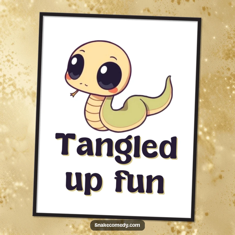 Funny snake artwork depicting a comical trip over its tail, with large eyes, printable for instant wall decor, offering humorous relief.