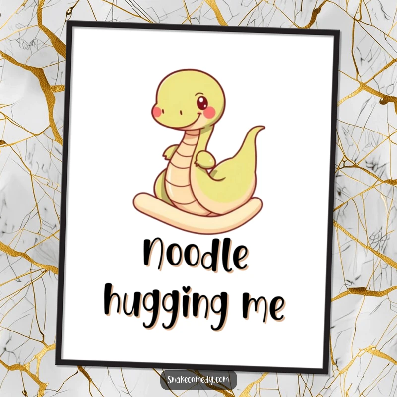 Funny snake digital art print, a happy snake wiggling through a giant noodle, whimsical illustration, instant wall decor.