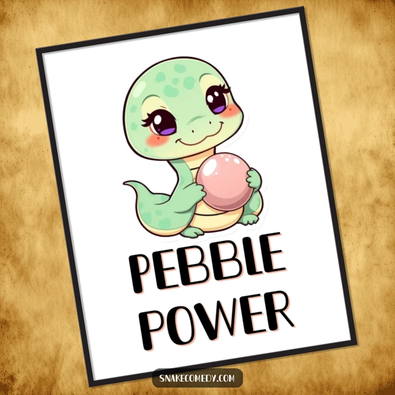 Funny digital art print of a mischievous winking snake character offering a shiny pebble, perfect for humorous digital decor.