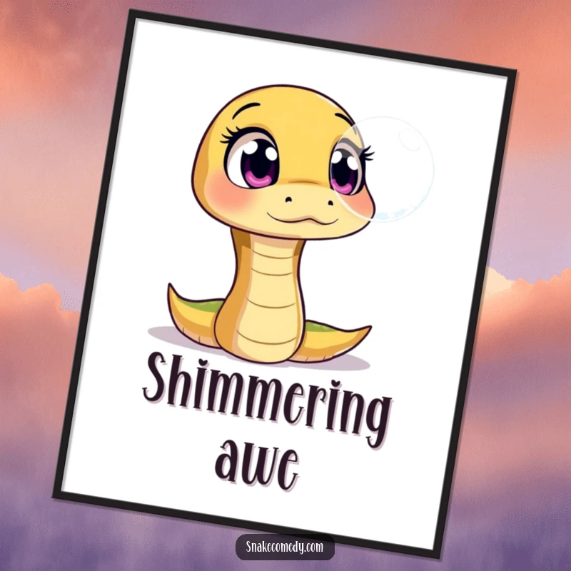 Funny digital art print of a snake character with wide, amazed eyes looking at a floating, shimmering bubble, offering instant magic.