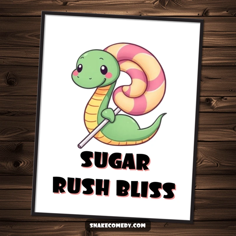 Funny digital art print of a happy snake character lovingly coiling around a giant, delicious lollipop, radiating sweet joy.