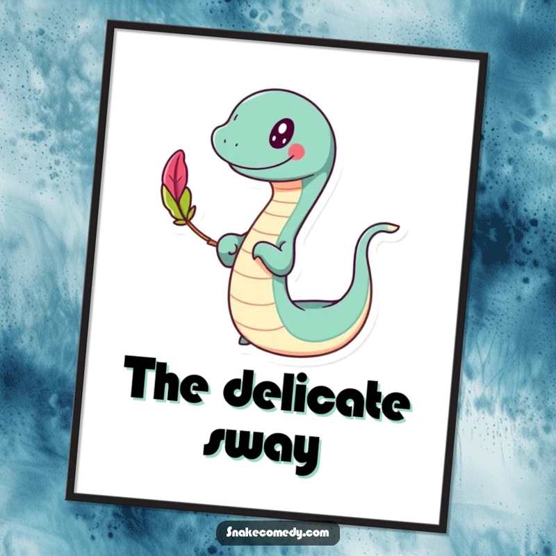 Funny slithering digital art print, happy character swaying while balancing a colorful feather, whimsical wall art, a funny gift.