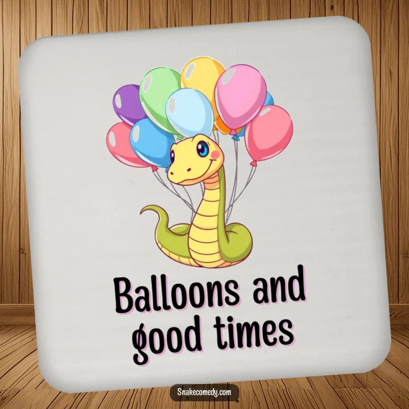 Funny Snake Coaster: A happy snake playfully tangled in vibrant balloons, adding playful humor to any tabletop.