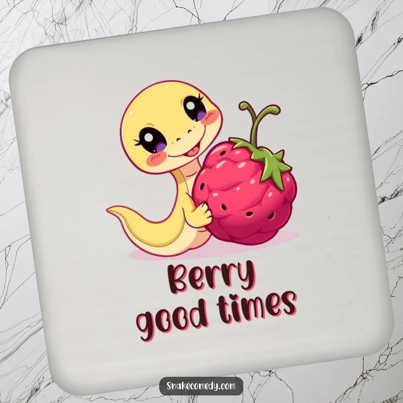 Funny Playful Snake Coasters: serpent chasing a berry, protecting surfaces with playful energy.