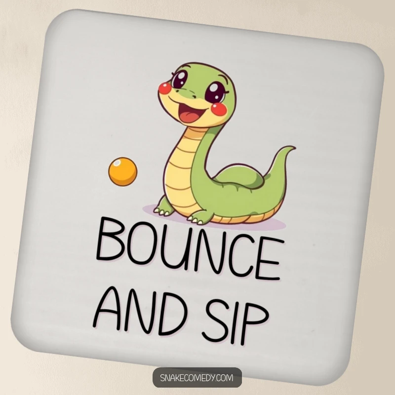 Funny Snake Ball Coaster: A wiggly, excited snake is humorously depicted chasing a bouncing ball, protecting surfaces.