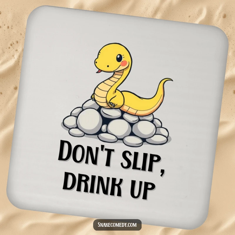 Funny snake drink coaster depicting a cartoon snake comically slipping on smooth round stones, safeguarding surfaces humorously.