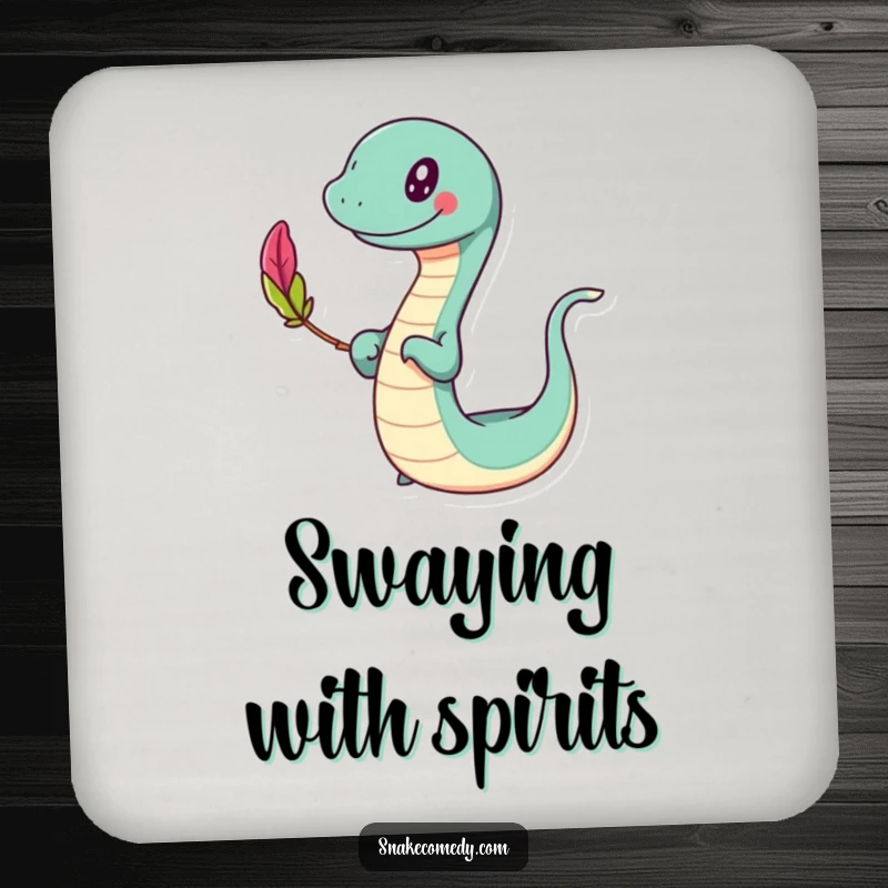 Funny slithering coaster, happy character swaying while balancing a colorful feather, protects surfaces, a funny gift.