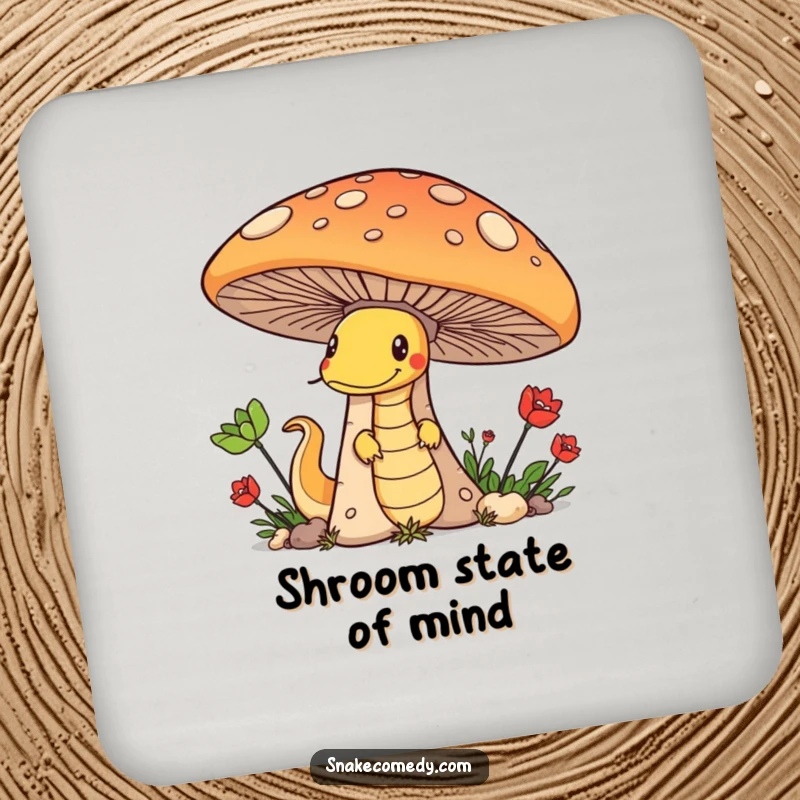 Funny drink coaster with a mischievous snake peeking from behind a large mushroom, protecting surfaces with style.