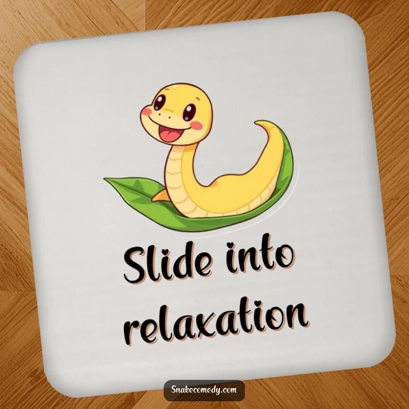 Funny snake coaster featuring an excited snake sliding down a leaf, a humorous and protective addition to tabletops.