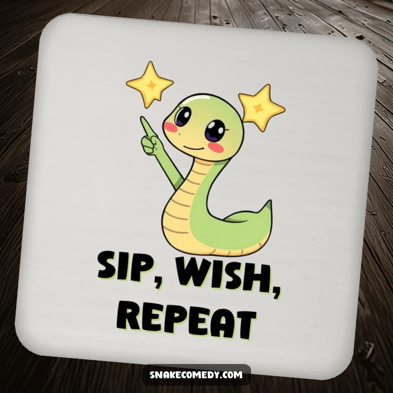 Funny snake excitedly pointing its head towards a twinkling star on a drink coaster, protecting surfaces with celestial charm.