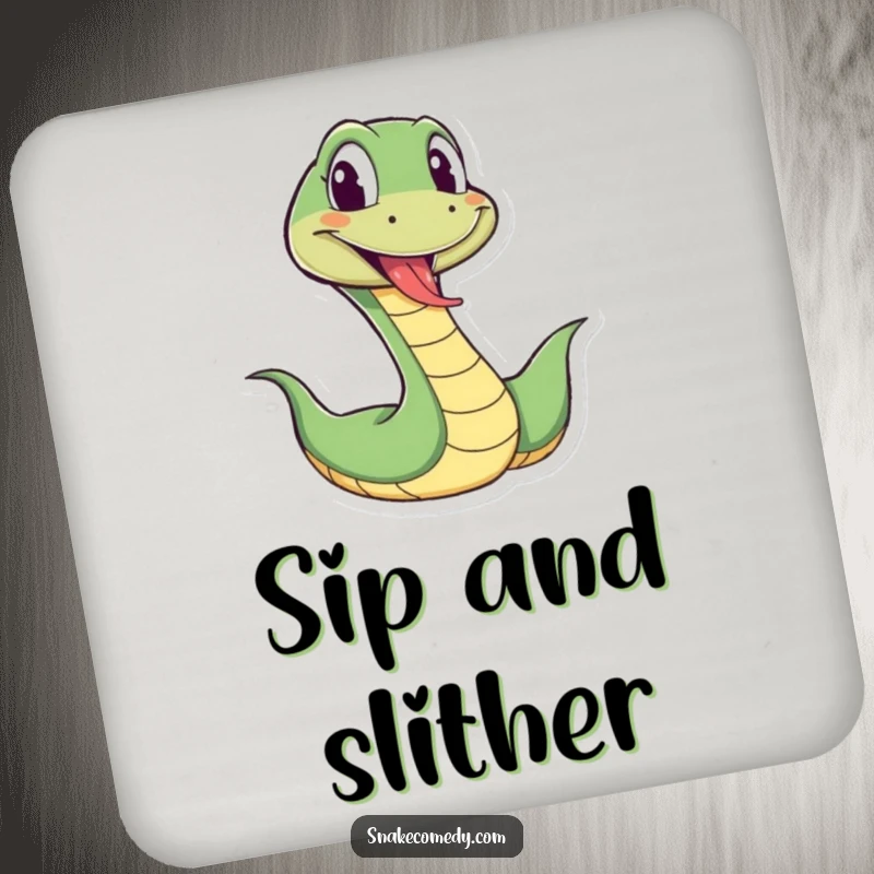 Funny snake drink coaster showing a cartoon snake wiggling energetically with its tongue out playfully, safeguarding surfaces with humor.