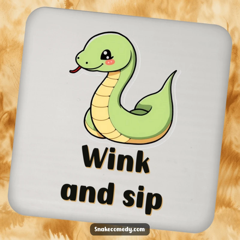 Funny snake coasters showing a snake dramatically coiling and uncoiling with a playful wink, providing humorous surface protection.